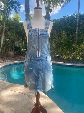Denim Mini Overall Dress in Light Blue